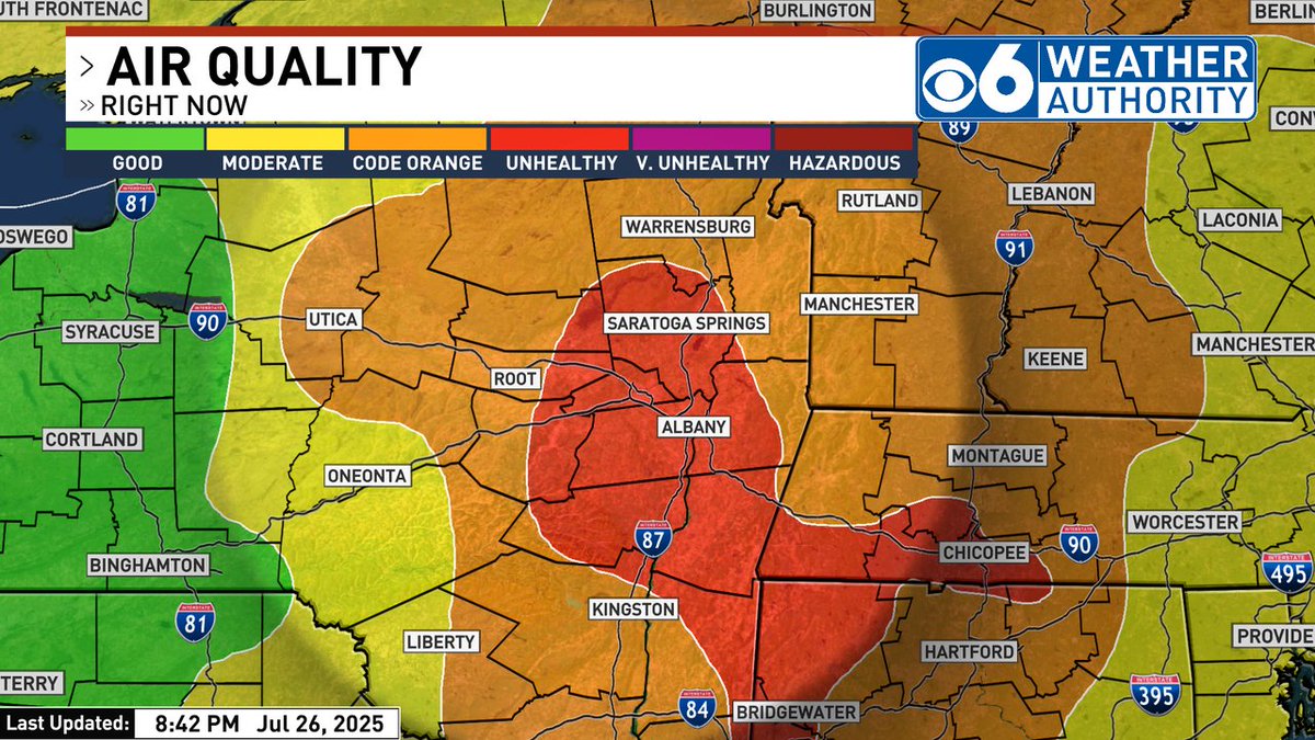 Widespread unhealthy continue across much of the area this evening due to fine particulate mater (Canadian wildfire smoke)  Some improvement is forecast tomorrow, but for now, lousy air persists