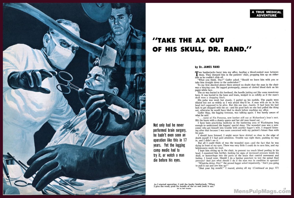 Think you're having a bad day? This logger's day was probably worse.... Artwork by Bob Stanley for a "True Medical Adventure" in STAG, August 1959. (Scan via the Men's Adventure Magazines &amp; Books Facebook Group-&gt; bit.ly/mensadventureFB.)