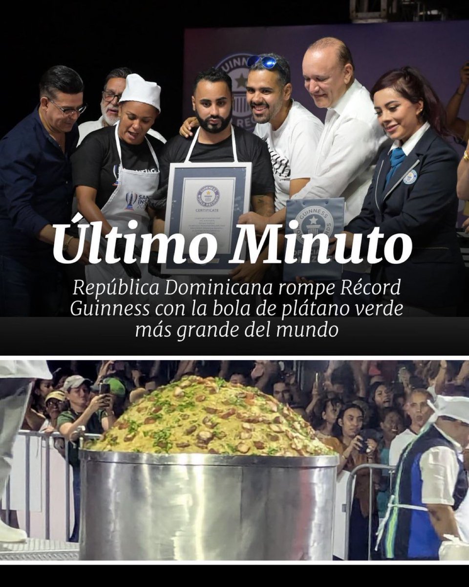 ¡Orgullo dominicano! 🇩🇴
Con un peso de 560 kilos, logramos el Récord Guinness a la bola de plátano verde (Mofongo) más grande del mundo, celebrando nuestra cultura y el sabor del mofongo como símbolo de identidad y creatividad.

Foto: <a href="/DiarioLibre/">Diario Libre</a>