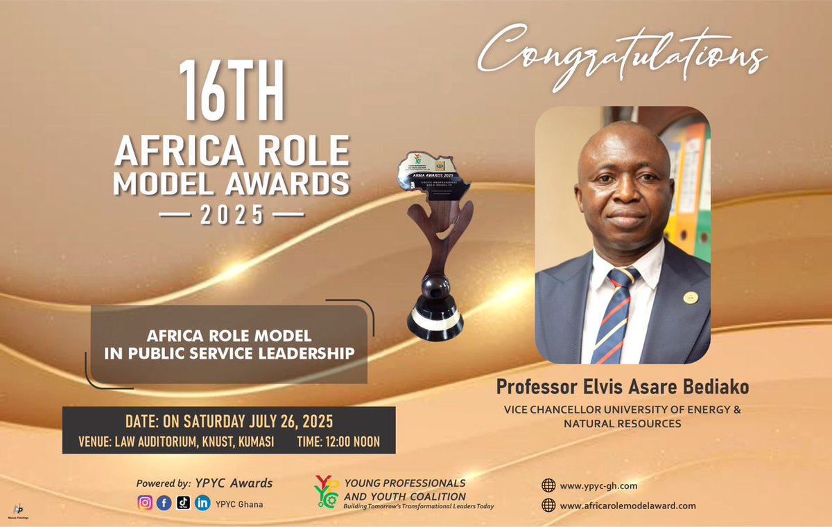 TransformSum's tweet photo. Congratulations to Professor Elvis Asare Bediako 👨‍💼for being recognized as the Africa Role Model Award winner in Public Service Leadership🏆at the Africa Role Model Awards and the 16th MTNPulse Transform Summit.

#awards | #transformsummit | #education | #gh |#LeadershipInAction https://t.co/pLHwfAQ7kn