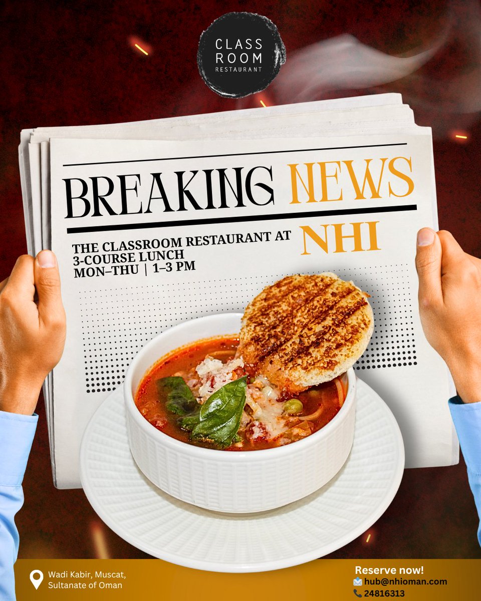 🍽️ The Classroom Restaurant @NHIOMAN
👨🍳 3-Course Lunch | Wed &amp; Thu
🕐 Mon–Thu | 1–3 PM
📩 hub@nhioman.com | 📞 24816313
📍Reserve now &amp; taste the future of hospitality!