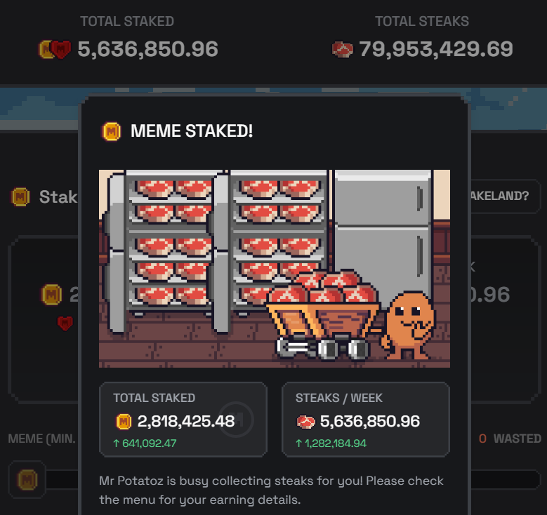 With all time low ETH gas fee, you can now stake/unstake $MEME for less than 1 USD. I chose to stake my $MEME whenever possible (nothing to do with STEAKS).

Why?

It would be tempting to swap my $MEME bag to other shitcoins (which eventually go to zero) and miss the future MEGA