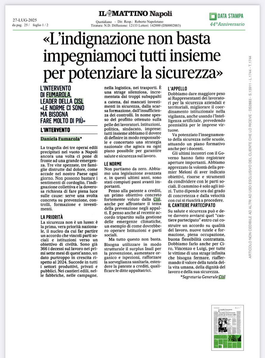 CislNazionale's tweet image. #DanielaFumarola su ‘Il Mattino’: “La sicurezza non è un lusso: è la prima, vera priorità nazionale, il nucleo da cui far partire un accordo che vincoli parti sociali e istituzioni verso un obiettivo di civiltà”.