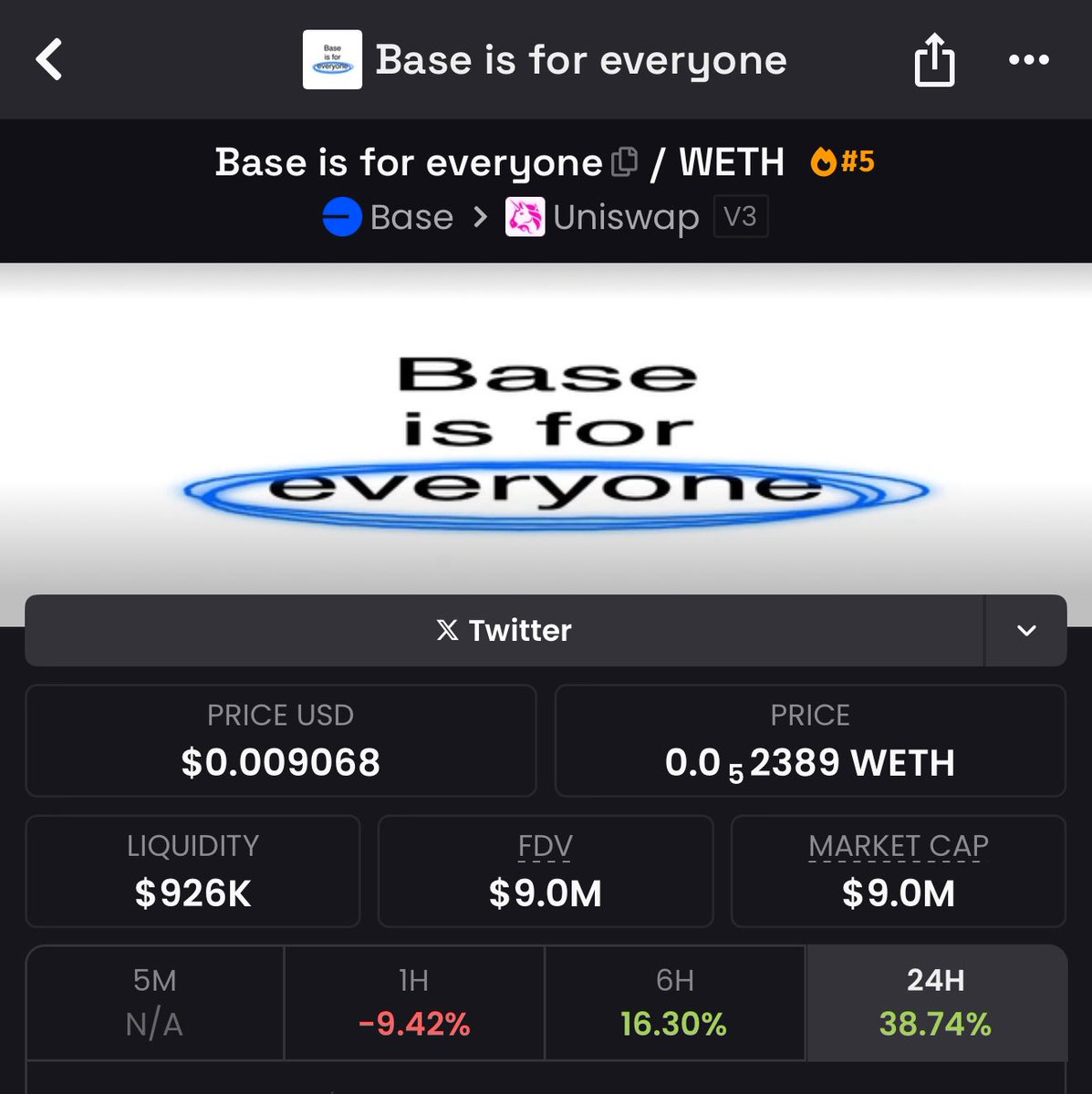 CryptoZeinab's tweet image. This is another one I’ve been quietly adding to my portfolio >> #Baseisforeveryone
Been scanning through all the other memes on Base and honestly, nothing else has the mix of volume, price action and social momentum like this one.
Sitting at just $9M market cap and it’s…