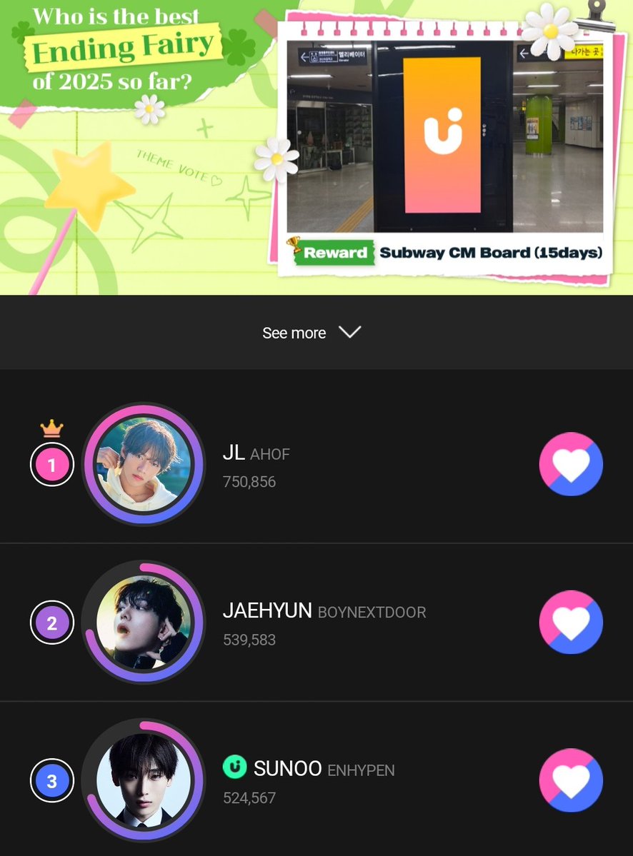 code624team's tweet image. [🗳] 250727 • UPICK 

&quot;Best Ending Fairy of 2025&quot; 

Keep collecting Jams and let us close the gap from #1.

🎯Goal: Rank 1
🏆CM Board 

📊Current Rank: Rank 3
⏰️Ends: August 5 (3 PM KST)

✅️ Use multiple accounts! 

#선우 #SUNOO #엔하이픈_선우 #ENHYPEN_SUNOO