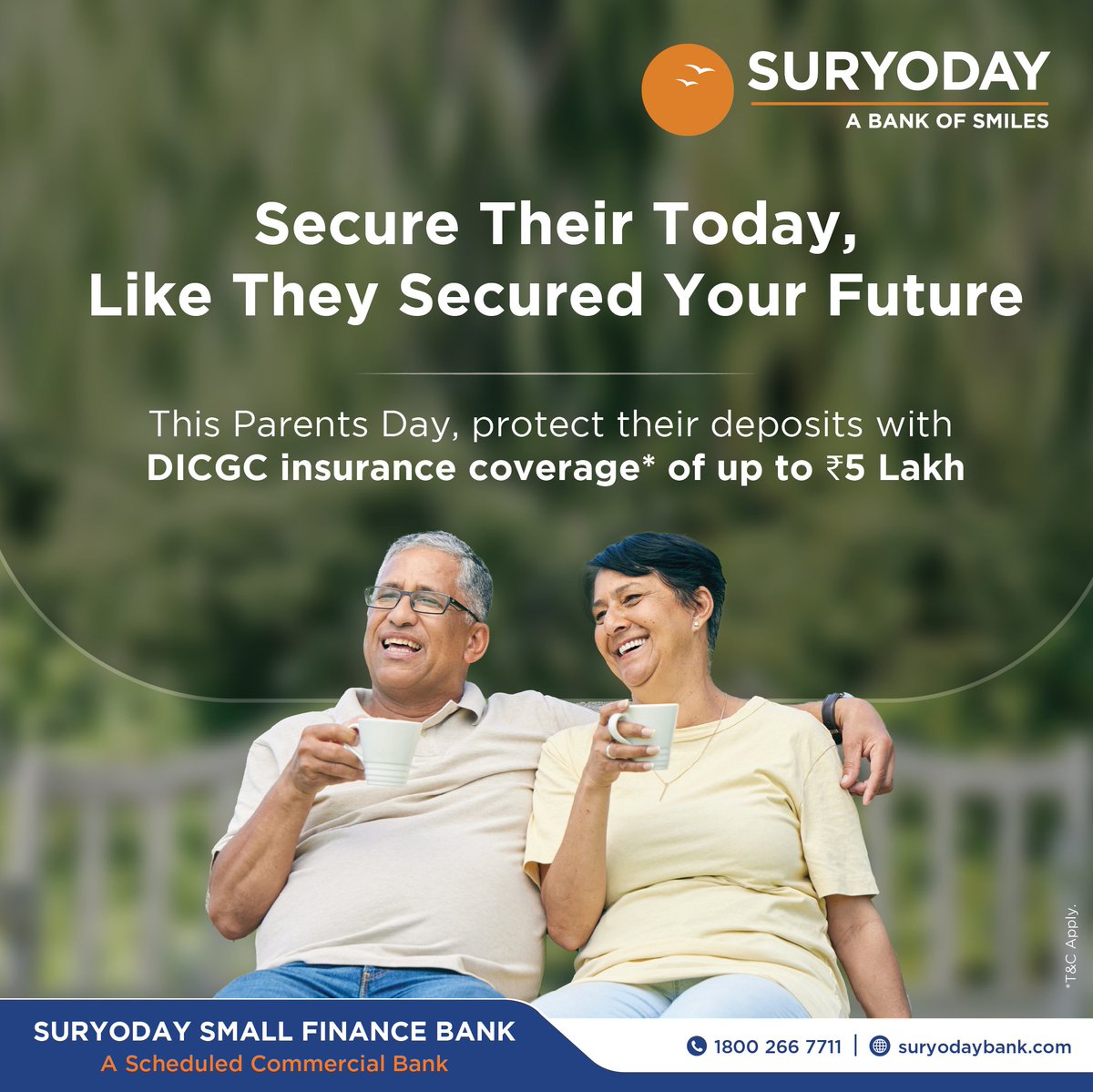 This #ParentsDay, gift them the safety they deserve with Suryoday SFB. Ensure their bank #deposits are insured under DICGC. For more information on #DICGC, visit dicgc.org.in

#parentsday #parents #mom #father #fixeddeposits #investments #bankofsmiles #suryodaybank