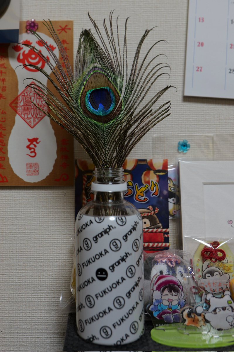 sa_n_sa's tweet image. プレオープンで頂いたお水の容器、記念デザインぽいのでこれまた頂いた孔雀の羽根を飾ってみた。