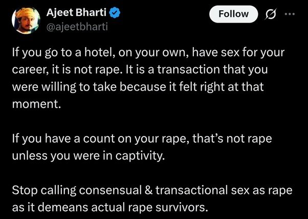 Now, feminist girls will abuse him and call him a rapist defender.

But what he said is 100% true.

The promise of a job, money, grades or gifts is a business transaction.

It can be called prostitution or a business deal gone wrong, but not rape.