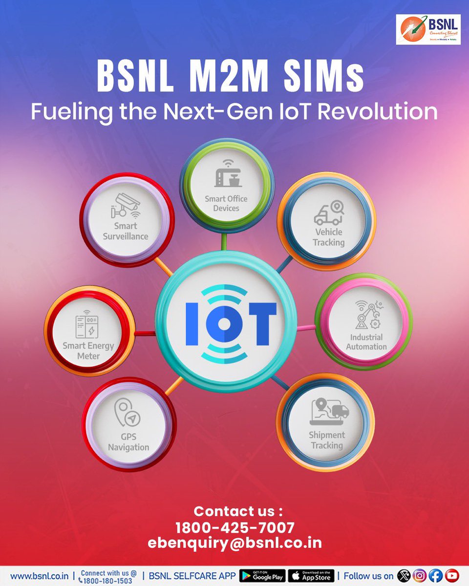 BSNL India (@bsnlcorporate) on Twitter photo Connect Smarter with BSNL M2M SIMs
Ideal for GPS navigation, smart meters, shipment tracking, and more.
Your perfect IoT connectivity partner!
Get in touch: 1800-425-7007 | ebenquiry@bsnl.co.in
#BSNL #M2MSIM #BSNLSIM #DigitalIndia Connect Smarter with BSNL M2M SIMs
Ideal for GPS navigation, smart meters, shipment tracking, and more.
Your perfect IoT connectivity partner!
Get in touch: 1800-425-7007 | ebenquiry@bsnl.co.in
#BSNL #M2MSIM #BSNLSIM #DigitalIndia