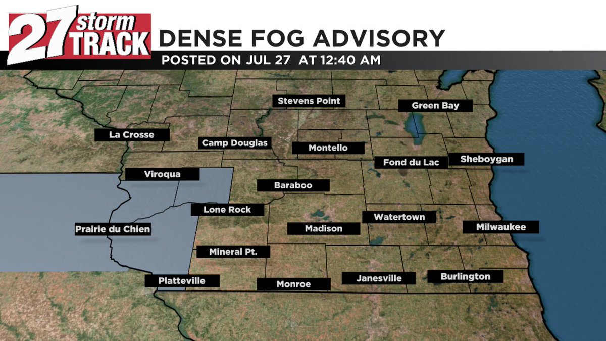 27StormTrack's tweet image. A Dense Fog Advisory has been issued for the counties below until Jul 27 9:00AM. Watch WKOW for the latest information.