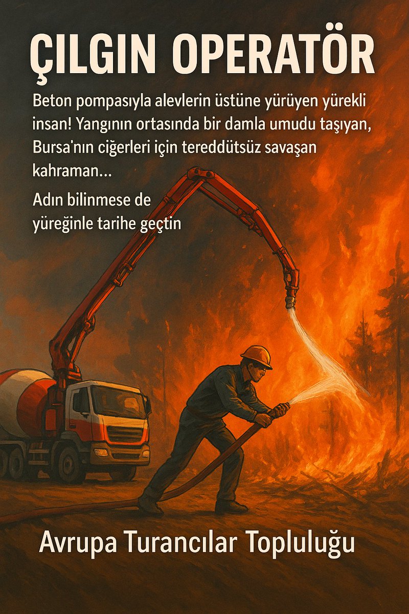 "ÇILGIN OPERATÖR"

Beton pompasıyla alevlerin üstüne yürüyen yürekli insan!
Yangının ortasında bir damla umudu taşıyan,
Bursa’nın ciğerleri için tereddütsüz savaşan kahraman…
Adın bilinmese de yüreğinle tarihe geçtin.

Avrupa Turancılar Topluluğu
.
.
.
#BursaYanıyor
