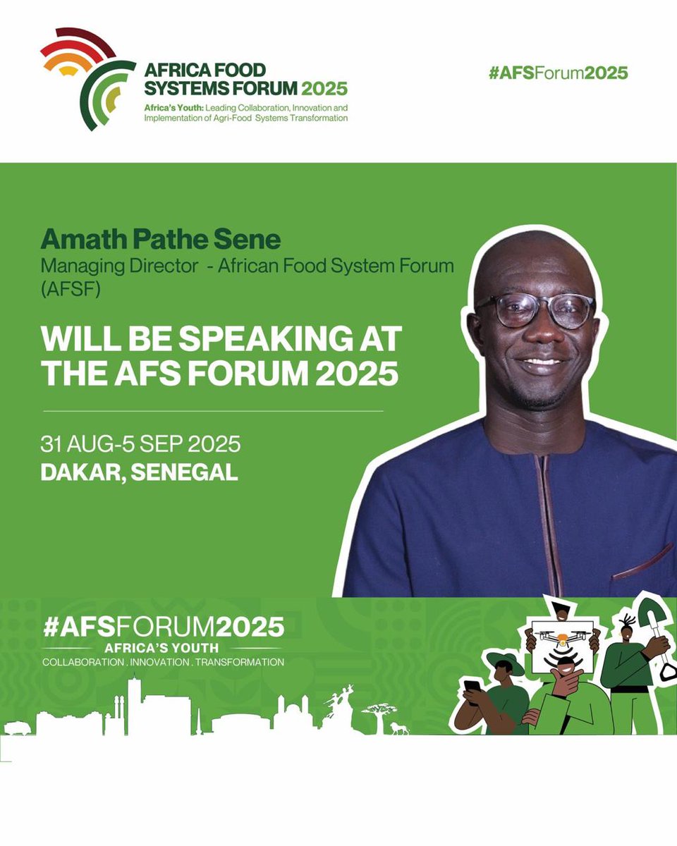 TheAGRF's tweet image. Join @amath_sene , MD of the Africa Food Systems Forum, as we unlock transformative solutions for Africa’s agri-value chains!
📅 Aug 31–Sep 5 | 📍 Dakar, Senegal
🔗 Visit agrf-inperson.com to register
#OurFoodOurFuture #AFSFORUM2025