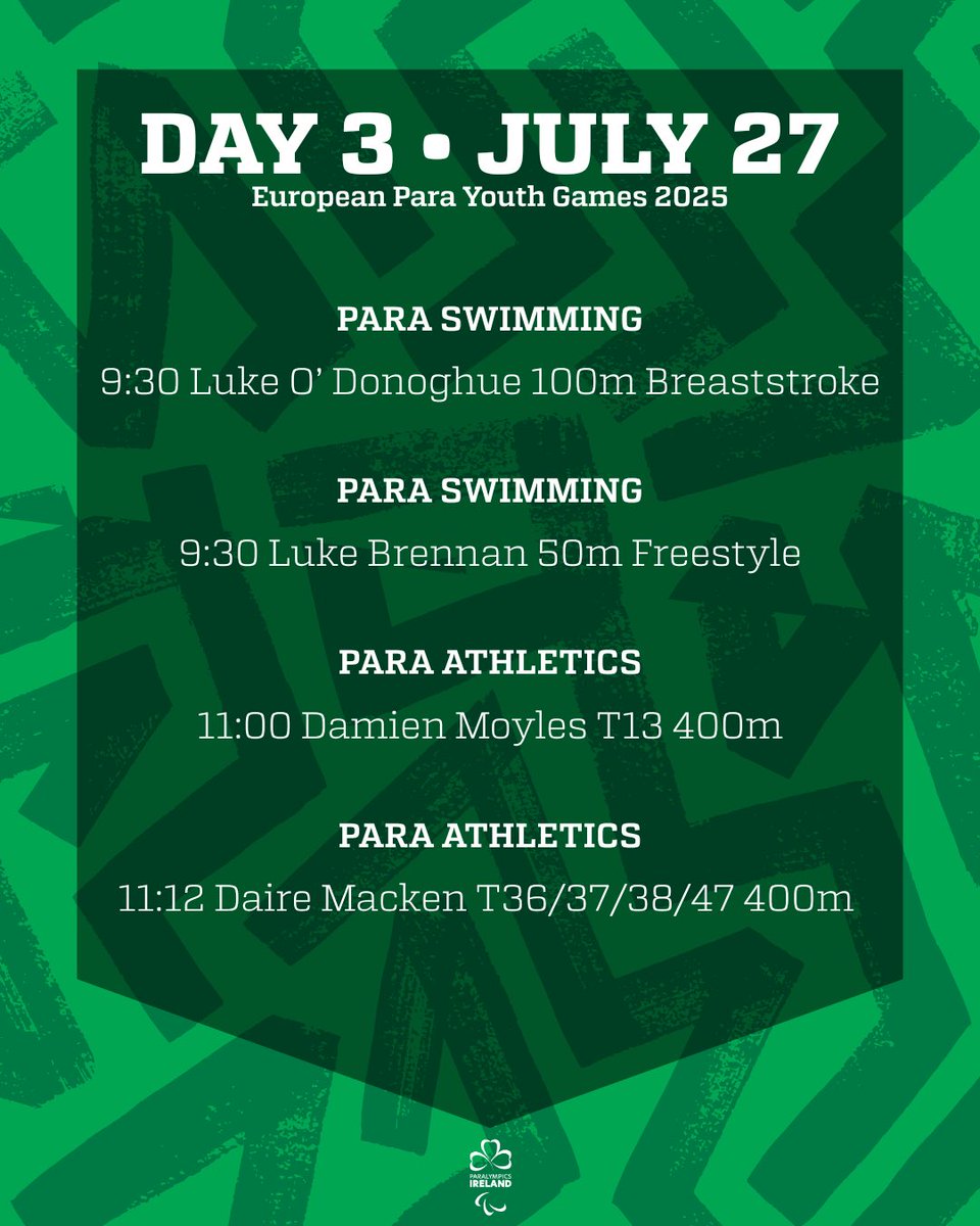 ParalympicsIRE's tweet image. โ๏ธ ๐๐๐ ๐ - ๐๐๐๐ โ๏ธ
๐ Two big games against Italy and Portugal
๐ Sam and Kevin in the knockouts of the doubles competition
๐๐ผ Luke and Luke in the pool once again
๐๐ผ400m action at the athletics track
#TeamIreland | #EPYG