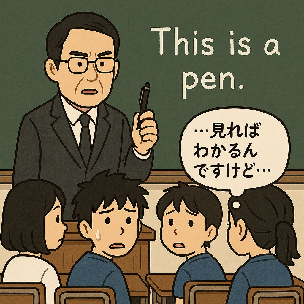 manjiro_english's tweet image. 「This is a pen.」
日本で最も有名な英文。 なのに一度も使ったことがない人がほとんど、という英語学習界の怪奇現象👻。
理由はカンタン。「見ればわかる」から。
実用性ゼロのこの英文、実は1990年頃に教科書から消えたとのこと。まさに“知識の贅肉”。…