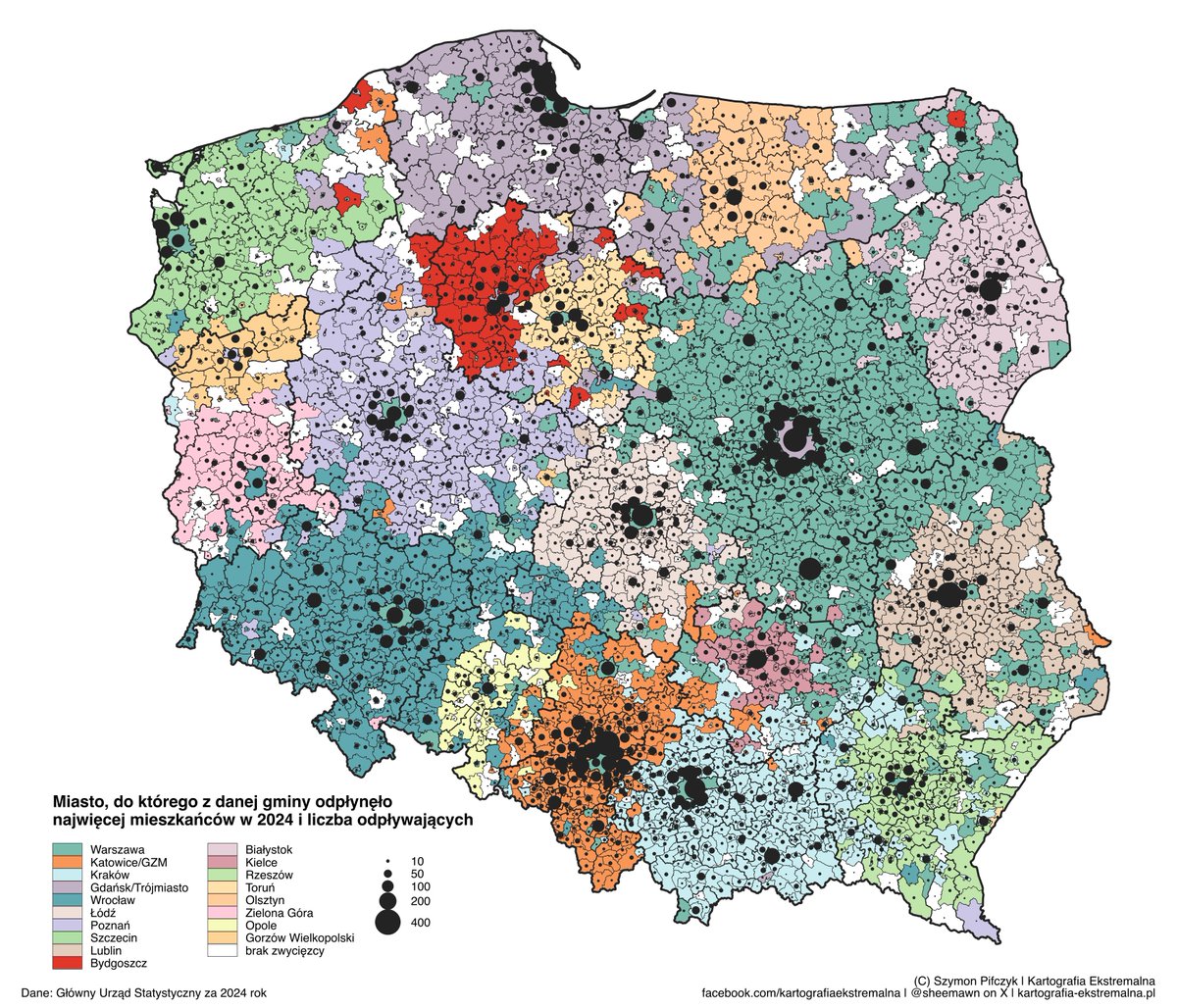 W ubiegłym roku gminę zamieszkania zmieniło 455 tys. Polaków. Większość (57%) wyprowadziła się max 25 km od poprzedniego domu.

Ale spośród tych, którzy wyprowadzili się daleko, najczęstsze były przeprowadzki do miast wojewódzkich. A do którego konkretnie? To na mapie 🧵 --&gt;