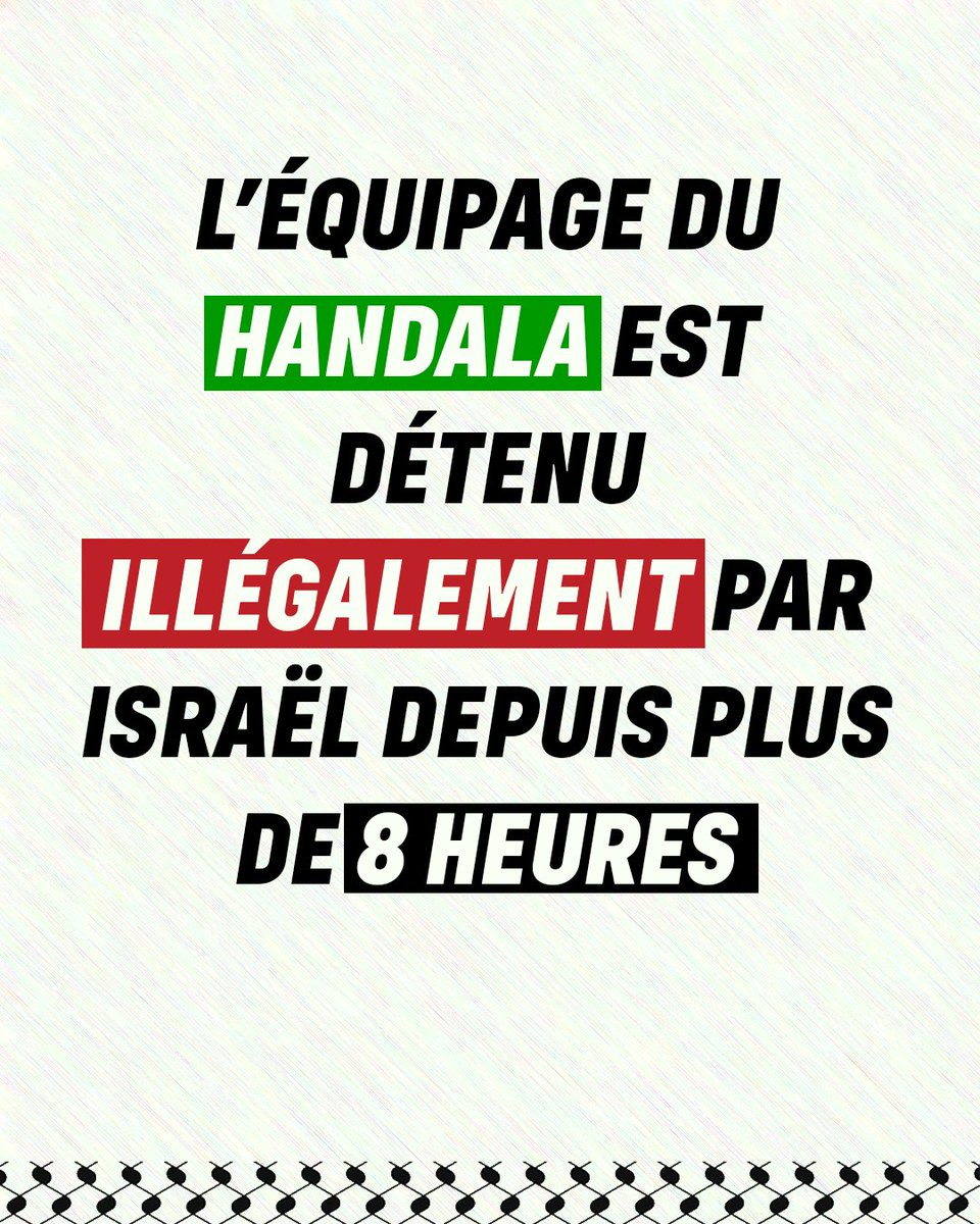 GabrielleCthl's tweet image. 🔴 URGENT - L’équipage du Handala est détenu illégalement par Israël depuis plus de 8h suite à leur kidnapping dans les eaux internationales

Interpellez massivement @EmmanuelMacron et @jnbarrot pour exiger leur libération immédiate et sans conditions : lafranceinsoumise.fr/en-route-vers-…