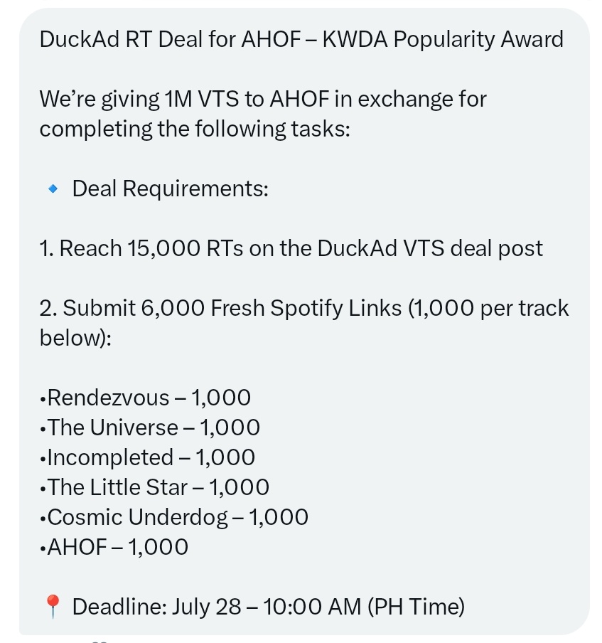sincerely4ahof's tweet image. Calling the attention of nameless fandom📢📢
RT Deal on our voting unit we'll drop 1 MILLION VTS to AHOF on DuckAd (KWDA Popularity Award) with the ff conditions:
📌15k RTs on this post
📌Submit 6k fresh Spotify links (1k each) on the comsec
📍Deadline: July 28 - 10:00 AM