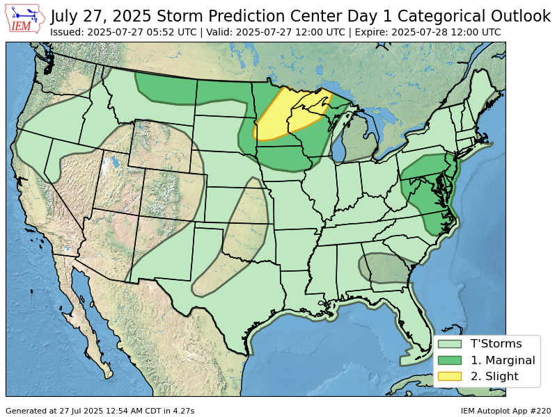 The Storm Prediction Center issues Day 1 Convective Outlook (Max Risk: Slight) at Jul 27, 5:52z spc.noaa.gov/products/outlo…