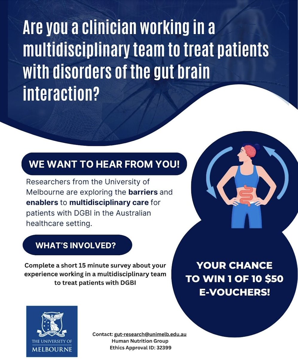 MonashFODMAP's tweet image. Are you an Australian clinician treating disorders of gut-brain interaction, including IBS or functional dyspepsia?
Share your experience delivering multidisciplinary care for DGBI in a short online survey.
redcap.link/multidisciplin…
Approved by the Uni Melbourne HREC (ID: 32399)