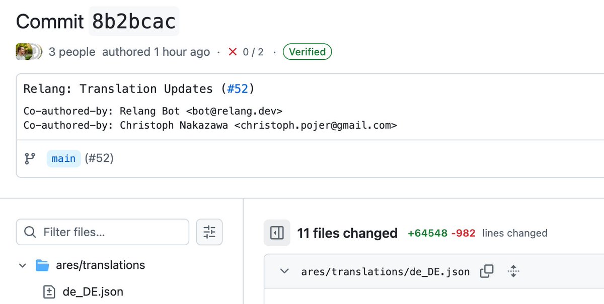 cpojer's tweet image. First large-scale Relang PR merged. Relang now does an initial repo analysis, then builds a glossary for each locale, and sends a PR with translations.

For 330 phrases, I only changed one in German and it was subjective. I changed two sentences in the source that were confusing…