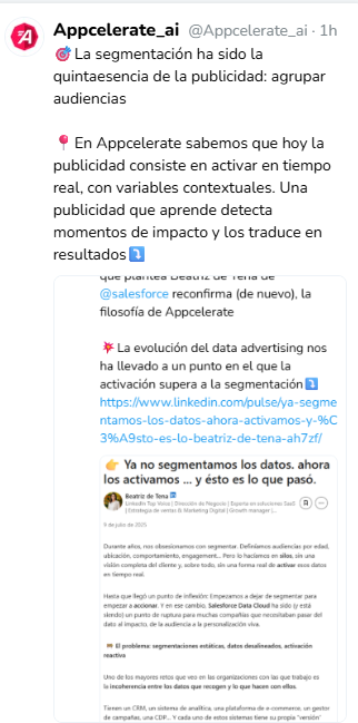 📊 El dato ya no es sólo diagnóstico; es táctico.

Tradicionalmente el dato ha sido utilizado para entender el pasado: diagnosticar qué ha funcionado, qué perfiles han respondido, qué audiencias han convertido

🧲🔩 En Appcelerate lo usamos como palanca de acción⤵️