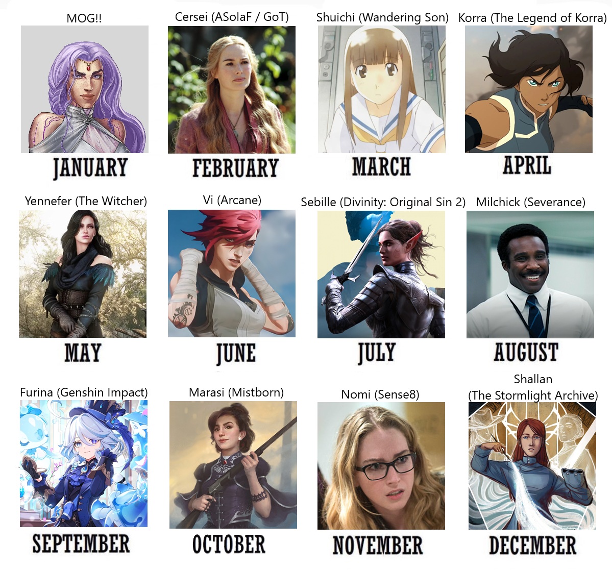 f8touched's tweet image. your birth month and my faves !

(i limited to one character per series / ip to make it more interesting, otherwise there would be at least 5 cr characters here 😭)