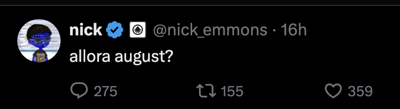 0xCrash_'s tweet image. something massive brewing for @AlloraNetwork in august
nick dropping hints and i’m giga bullish
allora szn loading gml