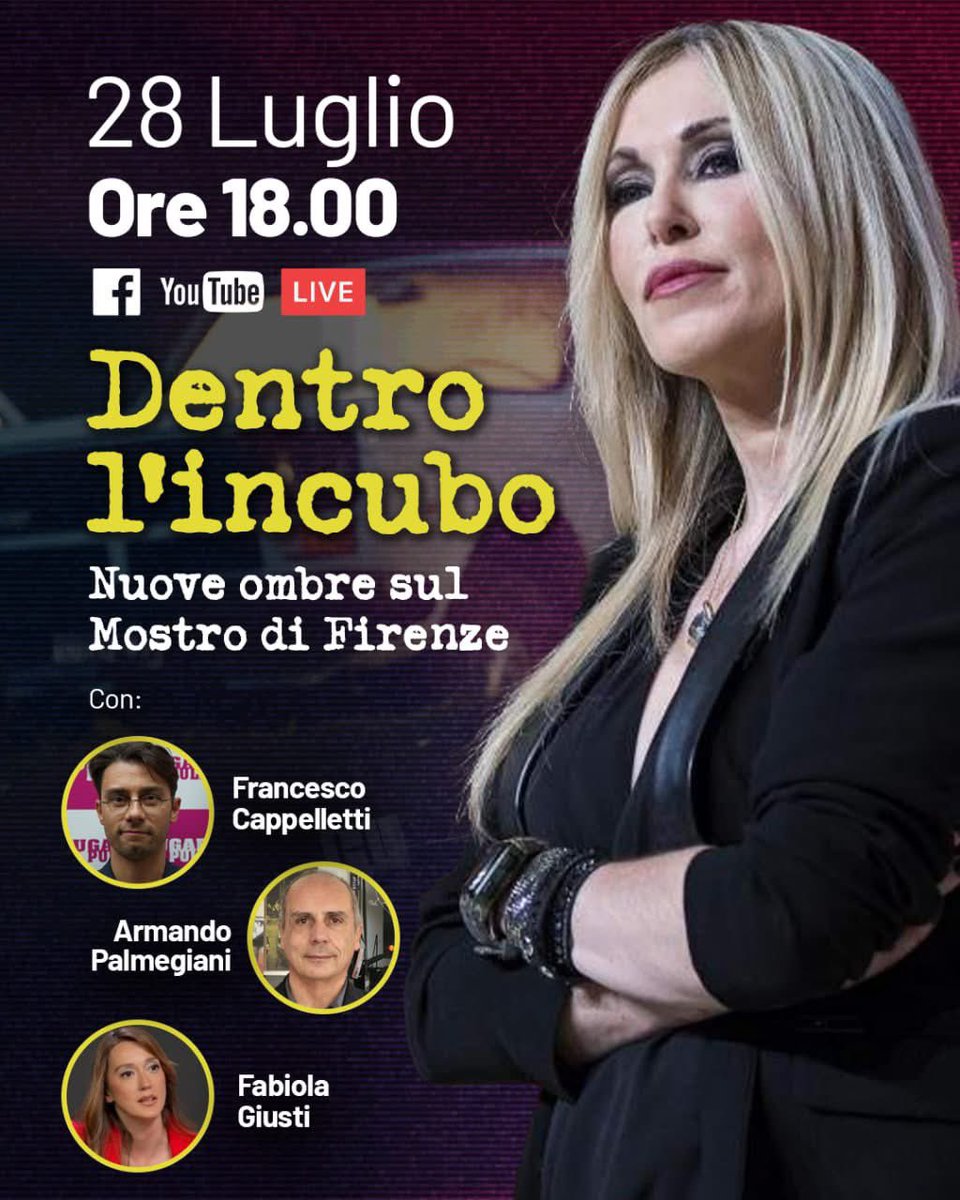 🔴 Dentro l’incubo: nuove ombre sul Mostro di Firenze.
Alla diretta di lunedì 28 luglio alle 18:00 parteciperà anche l'entomologa Fabiola Giusti, insieme a Francesco Cappelletti e Armando Palmegiani, per parlare con me di uno dei casi criminali più lunghi e controversi della