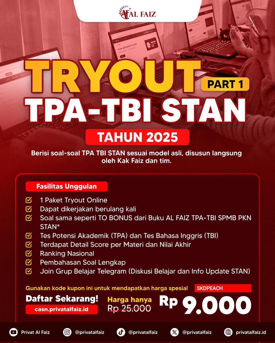 esteryeol2726's tweet photo. Hai Staners!
TELAH RILIS TRY OUT TPA TBI SPMB PKN STAN 2025 PART 1 - 4! 🔥🔥
🎯Lagi ada promo di https://t.co/3xa0hxV6rn Pakai kode 🎟SKDPEACH🎟
Satuan 9rb Bundling 19rb
#tryout #kedinasan2025 #TPA #TBI #sekolahkedinasan #bimbelonline #pejuangkedinasan #toonline #privatalfaiz https://t.co/JMcUdgxNA7