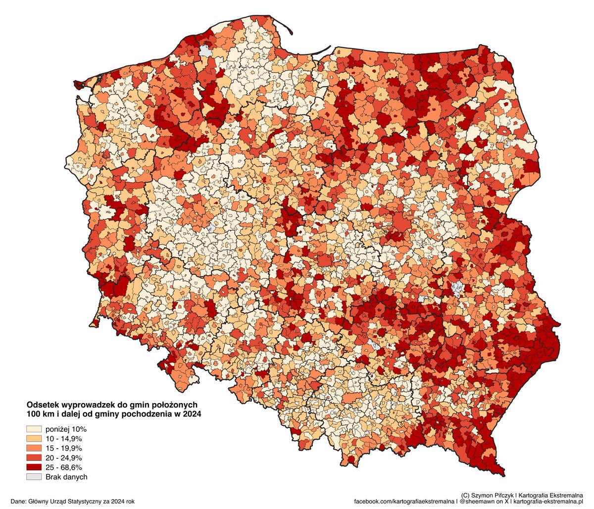 Warto jeszcze dodać tu drugi aspekt - jaki procent wyprowadzek z danej gminy jest do gminy daleko (100 km+) od niej. Według mnie ta mapa dobrze pokazuje obszary faktycznie wykluczone - bez miast w pobliżu, bez perspektyw, które pozwalałyby zostać w gminie rodzinnej 3/