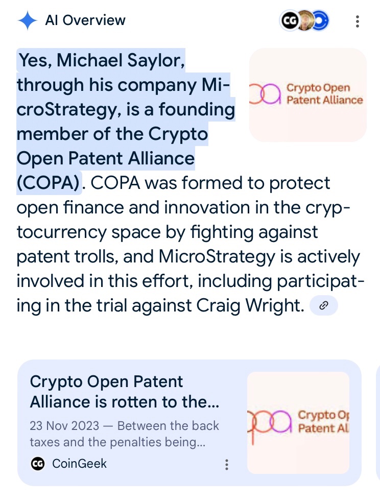 Bitcrash4's tweet image. I asked google search is Michael Saylor a Copa member.
Look where it sourced its information from.
When people will be asking specifics about Bitcoin, it will be searching Coingeek articles. And what will they find? BSV.
Because with BTC, there is no knowledge to be found.