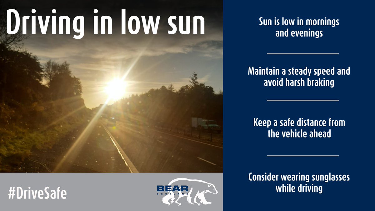 SETrunkRoads's tweet image. Throughout the year, the sun can be low in the sky, this causes poor visibility. Make sure you keep sunglasses in your car.
#DriveSafe