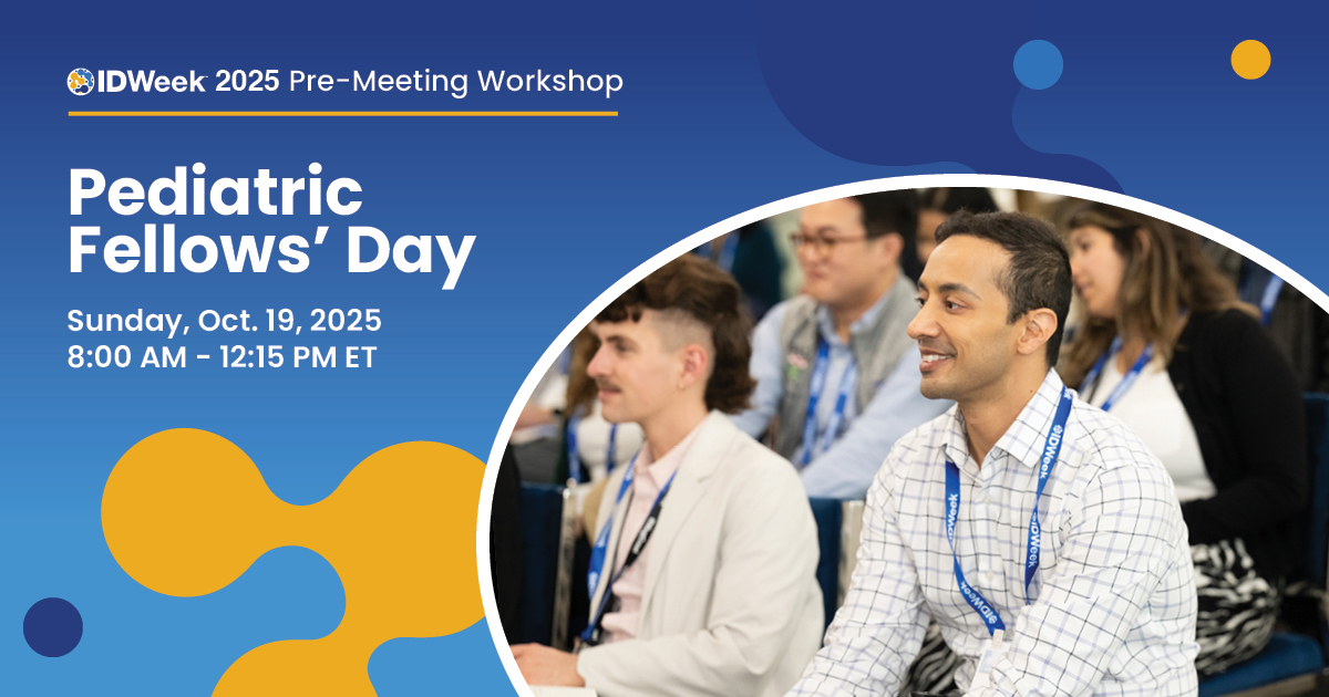 IDWeekmtg's tweet image. Pediatric fellows: kick off #IDWeek2025 at the premeeting workshop, “Pediatric Fellows’ Day” featuring Grant Paulsen, MD, Tanvi Sharma, MD, MPH, FPIDS, Buddy Creech, MD, MPH, FPIDS, and Arthur Chang, MD.
Sign up when you register for IDWeek 2025: idweek.org/registration