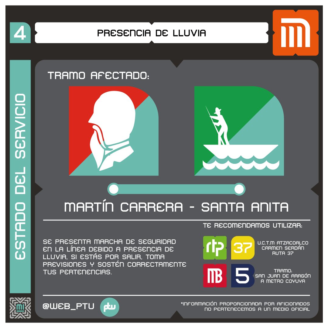 Web_PTU's tweet image. Aviso.
Se presenta avance lento por lluvia en Línea 4 del #MetroCDMX #MovilidadIntegrada #lluvias