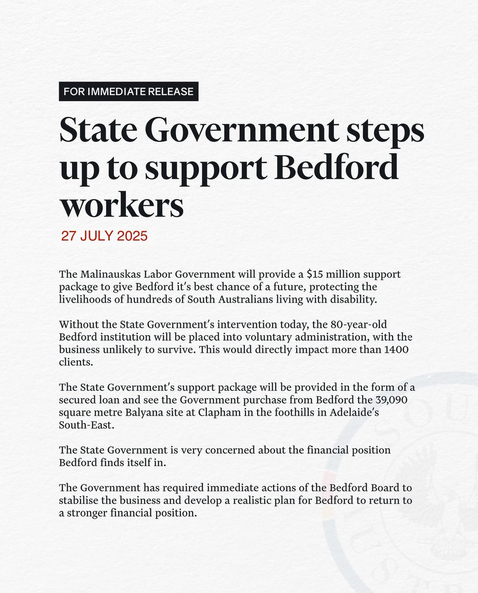 PMalinauskasMP's tweet image. I know people have been worried about the situation about Bedford and I can now update you that Bedford will NOT be placed into voluntary administration and will be operating on Monday.
A $15m support package from the South Australian Government represents the best chance for…
