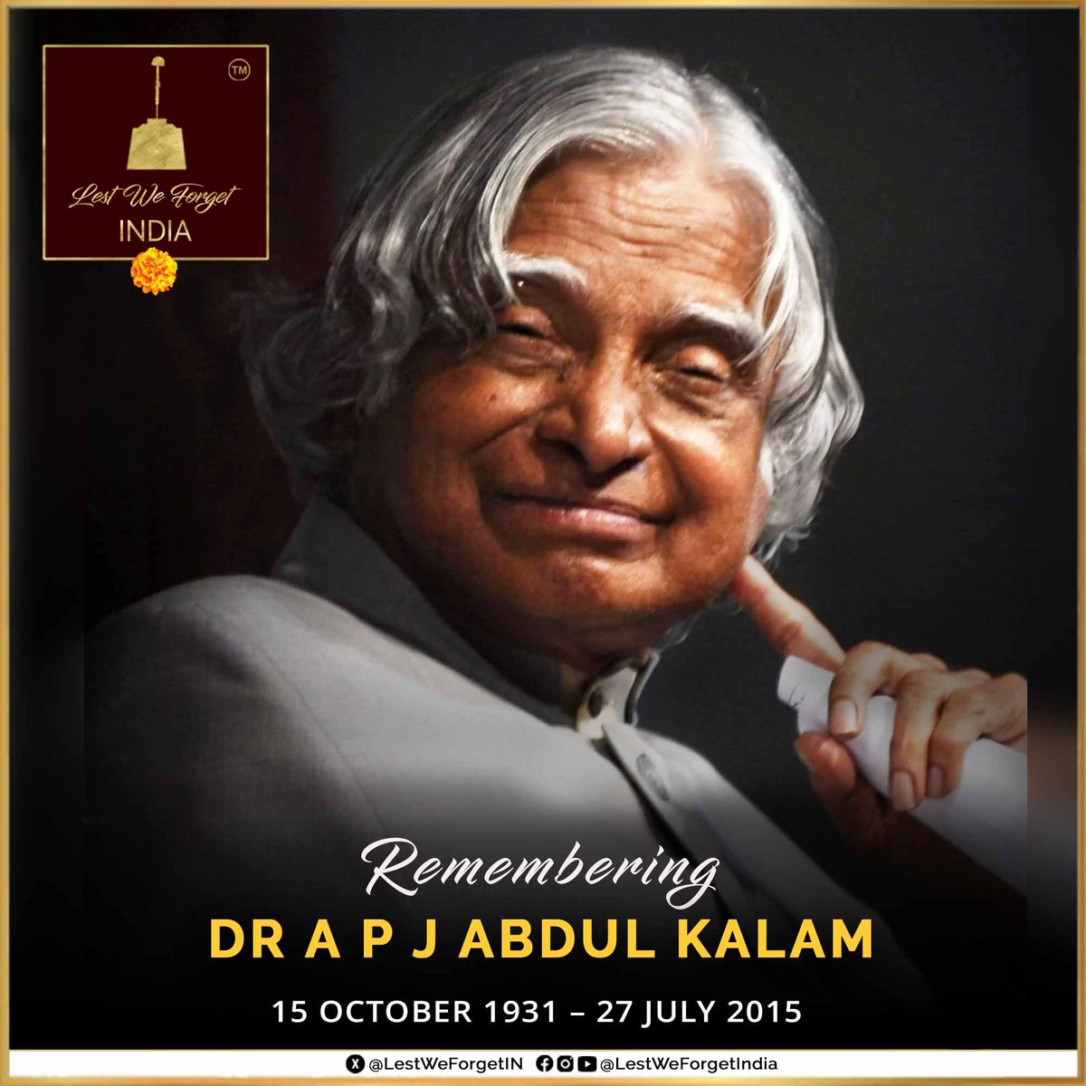 LestWeForgetIN's tweet image. Tributes to &quot;The Missile Man&quot; of India - A scientist, scholar extraordinaire &amp;amp; the people&apos;s President on his 10th death anniversary today - 27 July 2025

#LestWeForgetIndia🇮🇳 Dr A P J Abdul Kalam, Bharat Ratna, Padma Vibhushan, Padma Bhushan.

The Former President &amp;amp; Supreme…
