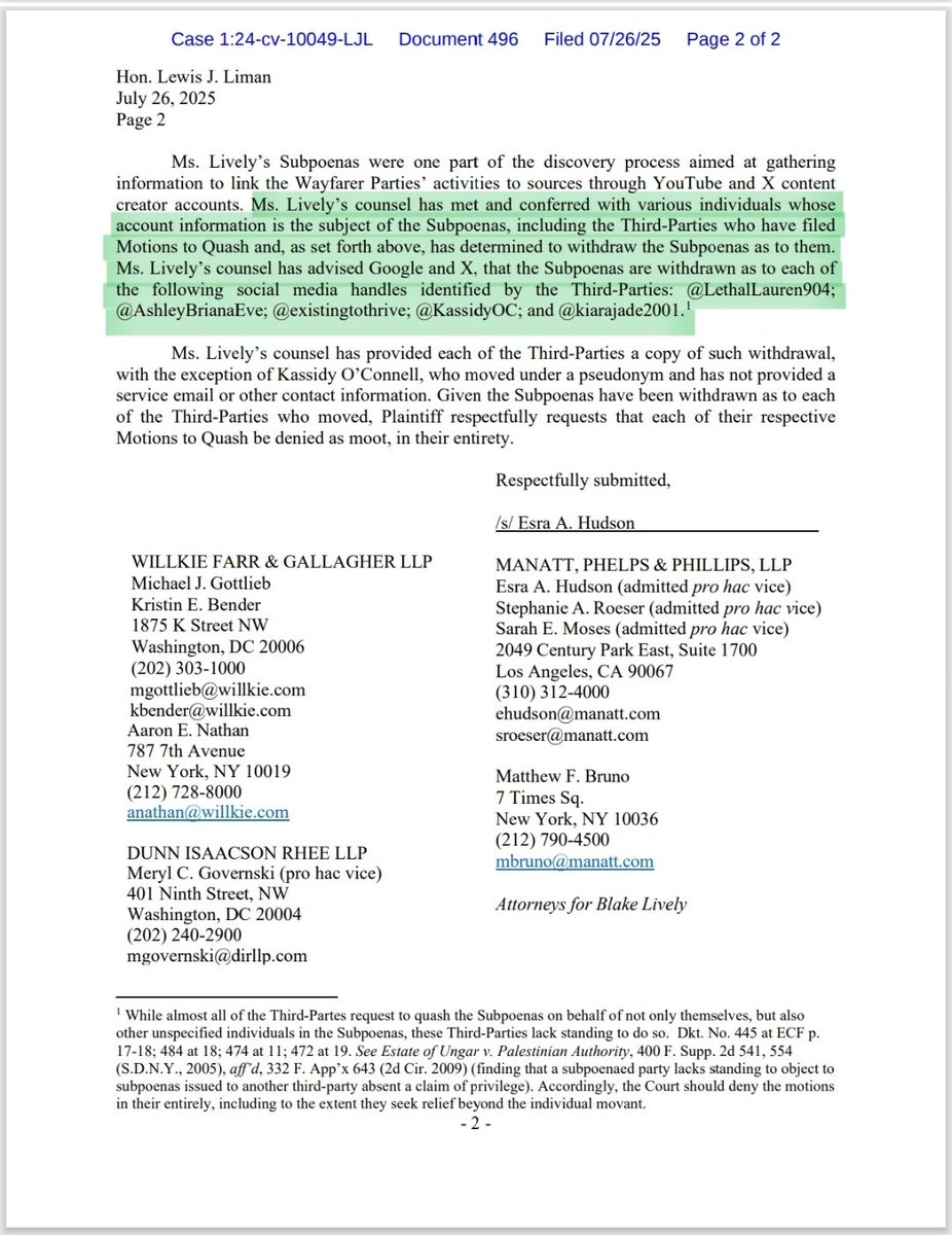 🚨MORE MISINFORMATION FROM ESRA HUDSON🚨

I wrote my post earlier announcing that the subpoena for my data had been withdrawn by Manatt before I saw this letter.

I feel like I have no choice but to correct a few statements in this that are patently false because pro-Lively