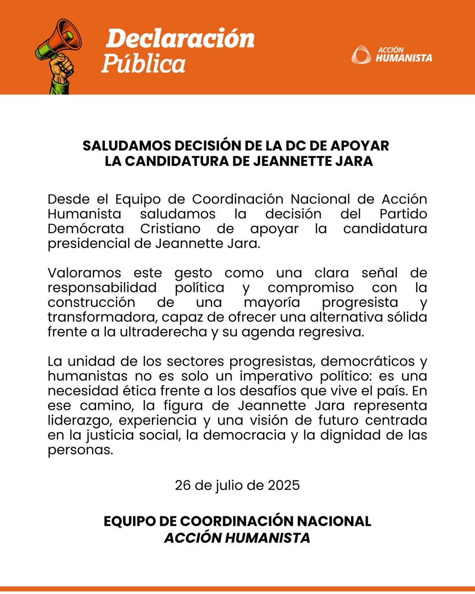 Desde el Equipo de Coordinación Nacional de Acción Humanista saludamos el respaldo a la candidatura presidencial de Jeannette Jara, que la Junta Nacional de la Democracia Cristiana ha decidido.

#JeannetteJaraPresidenta