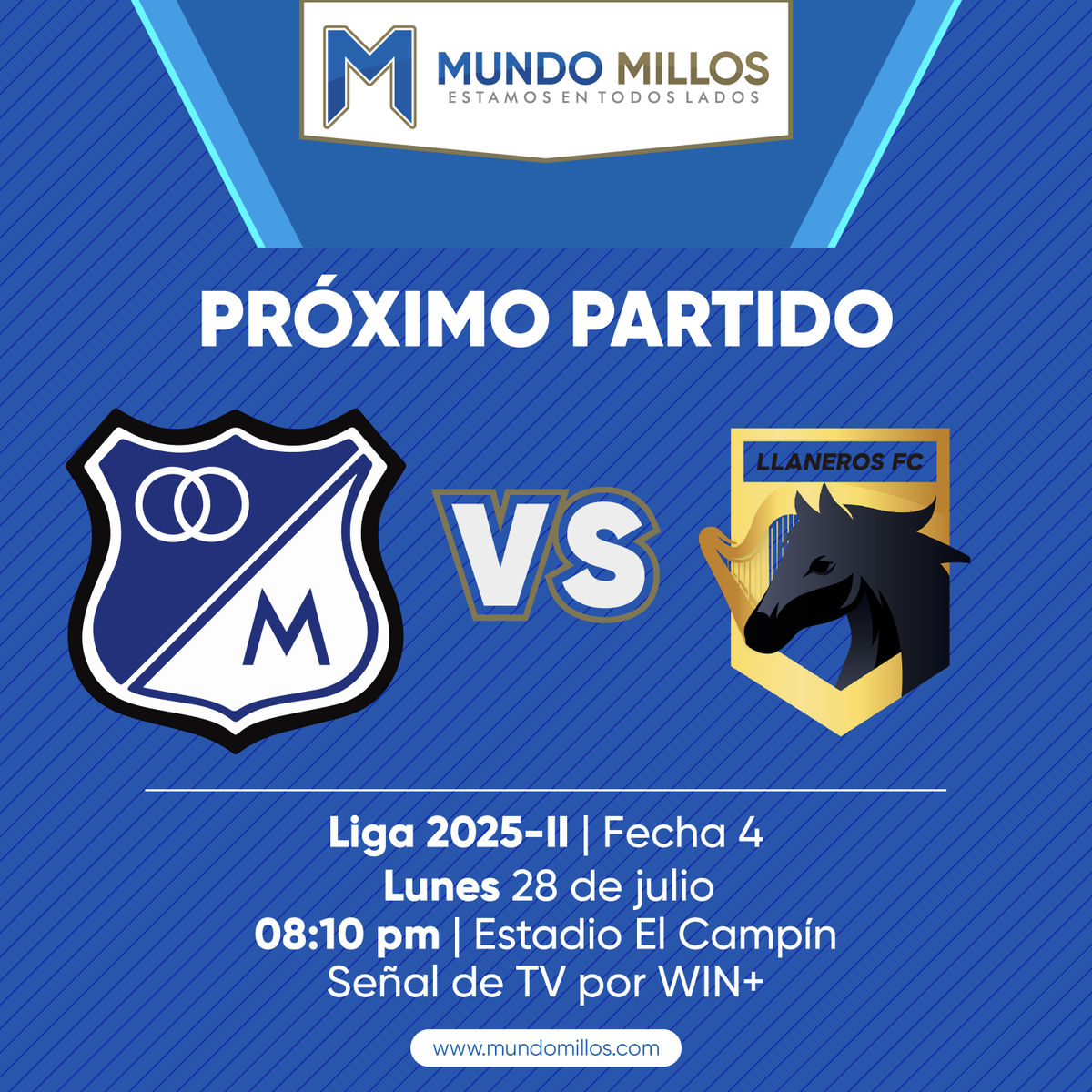 MundoMillos's tweet image. ¡PRÓXIMO PARTIDO!
Primer partido como local del semestre para Millonarios, que buscará terminar con el invicto de Llaneros en el Finalización este lunes por la noche.
#EstamosEnTodosLados
