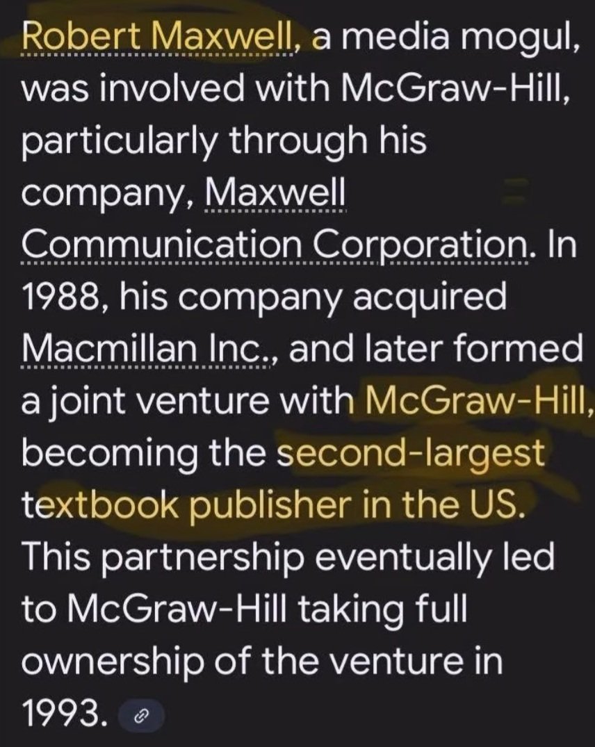Robert Maxwell owned a publishing company involved with McGraw-Hill, the American textbooks in public school.

Yes, #GhillaineMaxwell's Mossad father.

And you wonder why history has been hidden, the erasure complete.

Cr: gilreath161 IG