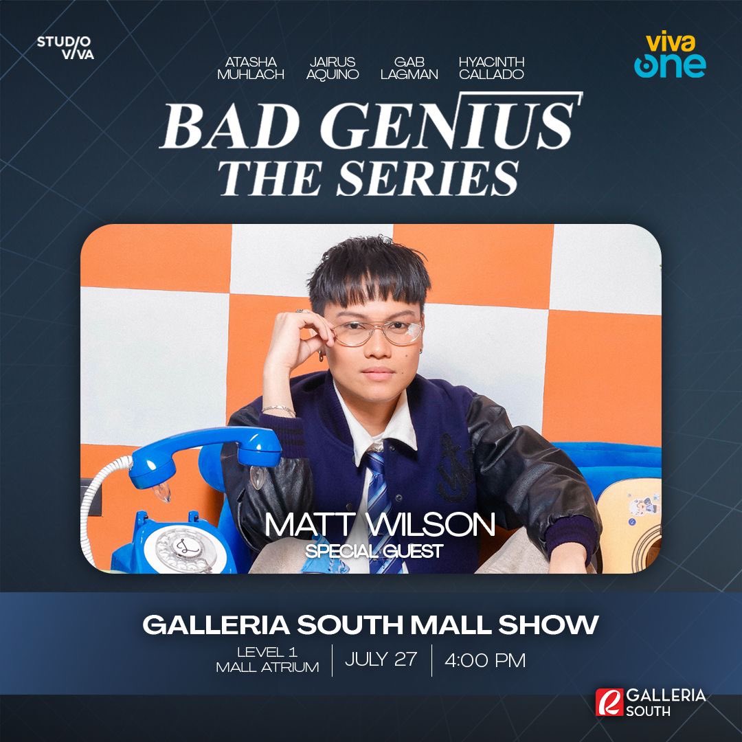 VivaOnePH's tweet image. Matt Wilson is here to complete the genius vibe!
Don’t miss the rhythm later July 27, 4PM sa Galleria South Mall, Level 1, Mall Atrium.
Tara na!
#BadGeniusTheSeries #BadGeniusPH #BGTSMallShow #BGTSGalleriaSouth #VivaOne