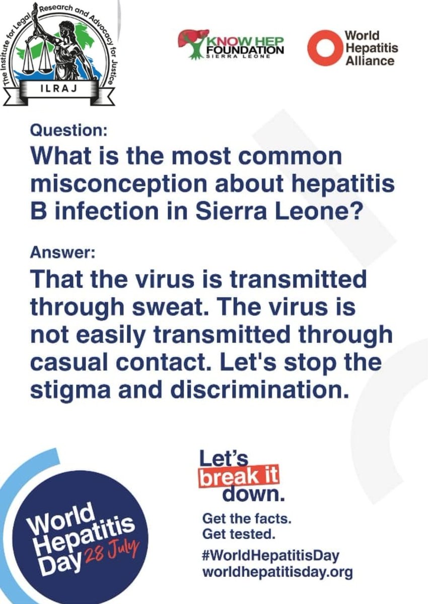 World Hepatitis Day  28 July 2025

Let’s break the myths!

#Hepatitis B is not spread through sweat or casual contact. Misconceptions fuel stigma and discrimination.

Let’s replace fear with facts.

Get tested. Get treated. Stop the stigma.

ILRAJ | Know Hep Foundation | World