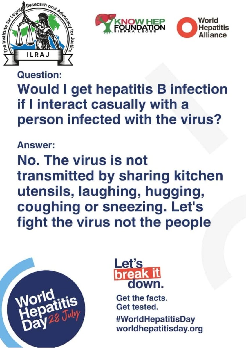 You won’t get hepatitis B from a hug.

Casual contact like sharing food, laughing, or hugging does not spread the virus.

Let’s fight misinformation—not each other.

Break the stigma. Get tested. Get the facts.

#WorldHepatitisDay

ILRAJ | Know Hep Foundation | World Hepatitis