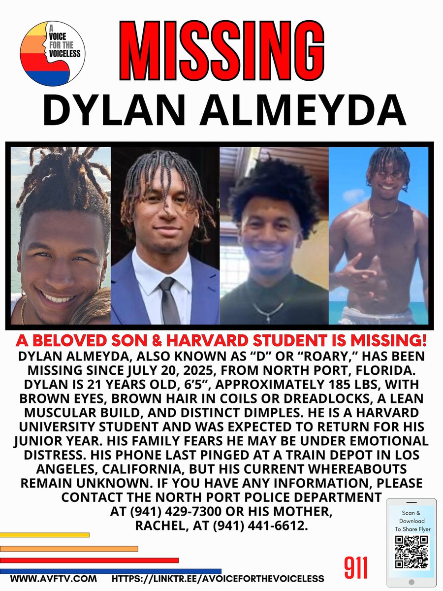 AwarenessTCS's tweet photo. 💔 A mother reached out to us in fear and frustration. Her 21-year-old son is missing—and despite filing a report with law enforcement, she still feels like no one is truly listening.
Dylan, if you see this… we hope that you are safe. Please call home or reach out to someone. 💔

Dylan Almeyda has been missing since July 20, 2025, from his home in North Port, Florida. No note. No warning. Just gone.

Dylan is a Harvard University student, deeply loved by his family and friends. He is 6’5”, around 185 lbs, with brown eyes, brown hair in coils or dreadlocks, a lean muscular build, and noticeable dimples. His family believes he may be under emotional distress. His phone last pinged at a train depot in Los Angeles, California, but his current location remains unknown.

His mother has done everything she can—filing a missing person report, calling every lead, and reaching out to anyone who might help. But the waiting, the silence, and the unknown have become unbearable.

She shared these heartfelt words:
“I really hate to do this and make my family’s struggles public, but this is urgent. My 21-year-old son has been missing for three days, and I need everyone in Florida to please share this post. Law enforcement says they can’t file a report without probable cause since he’s an adult. That means they can’t help me right now. Meanwhile, as his mother, I’m fearing the worst. If something bad has happened, there’s nothing I can do because I have no idea where he is. I’m asking for your prayers and begging you to please share this publicly. I would truly appreciate it.” 💔🙏

📞 If you’ve seen Dylan or have any information, please contact the North Port Police Department at (941) 429-7300 or his mother, Rachel, at (941) 441-6612.

Please help us bring Dylan home. Every share, every comment, and every caring heart matters.
Thank you for sharing and caring.
#MissingPerson #DylanAlmeyda #StillMissing #NorthPortFL #BringHimHome #HelpFindDylan #HarvardStudent #MissingYoungAdult