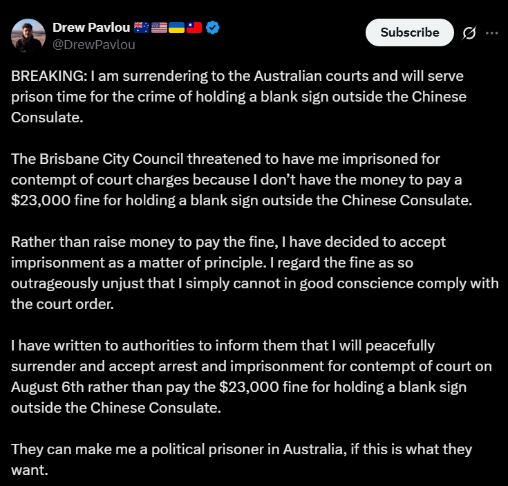 Drew Pavlou has announced he is going to prison and refusing to pay the 23k fine to the Australian courts