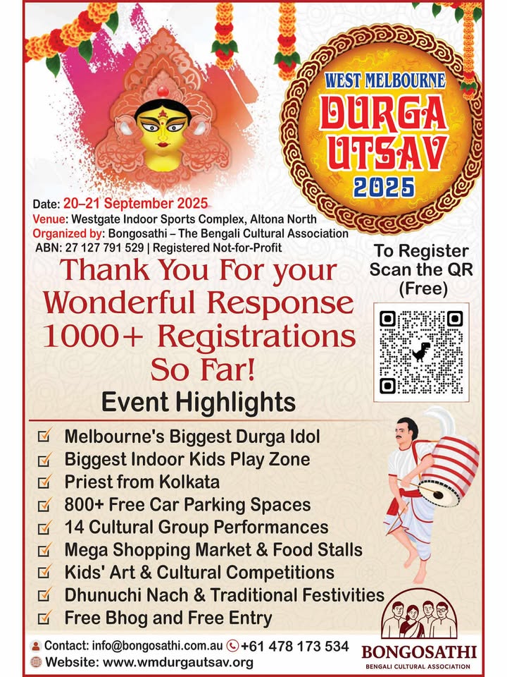 TheAusToday's tweet image. Join us in celebrating one of Australia’s grandest Durga Pujas! 🙌
🎉 We’re proud to be the Official Media Partner for West Melbourne Durga Utsav 2025!
Proudly hosted by Bongosathi – The Bengali Cultural Association, this vibrant celebration brings together community, culture,…