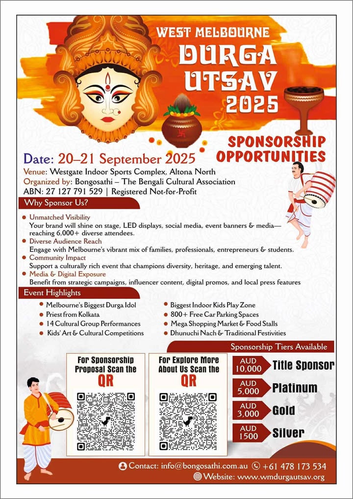 TheAusToday's tweet image. Join us in celebrating one of Australia’s grandest Durga Pujas! 🙌
🎉 We’re proud to be the Official Media Partner for West Melbourne Durga Utsav 2025!
Proudly hosted by Bongosathi – The Bengali Cultural Association, this vibrant celebration brings together community, culture,…