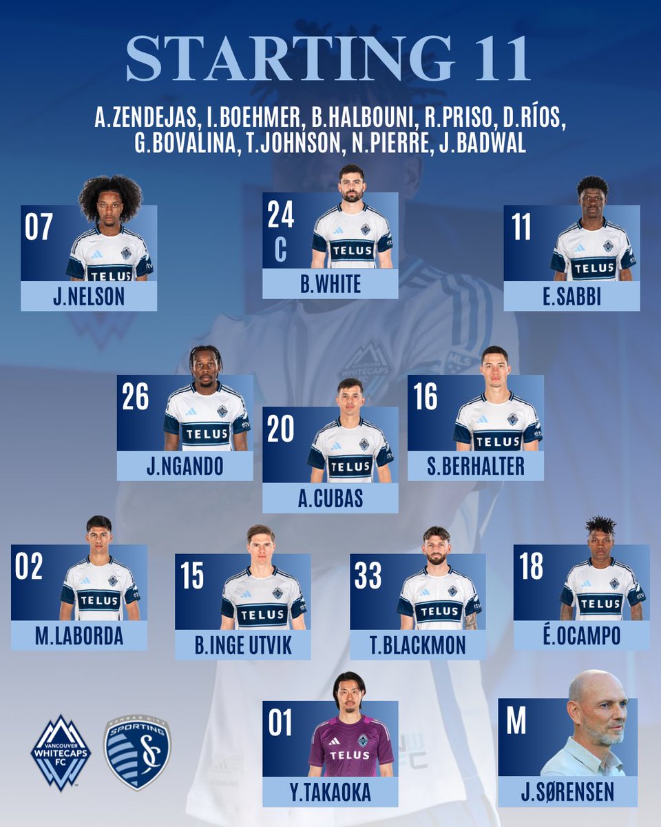 Van_Insider's tweet image. 🌊 YOUR Vancouver Whitecaps 11 😤

- Back to the 4-3-3
- Veselinović out due to injury
- Ngando comes in
- White captains
- Bovalina added to bench

Cmon you Whitecaps 🤍💙