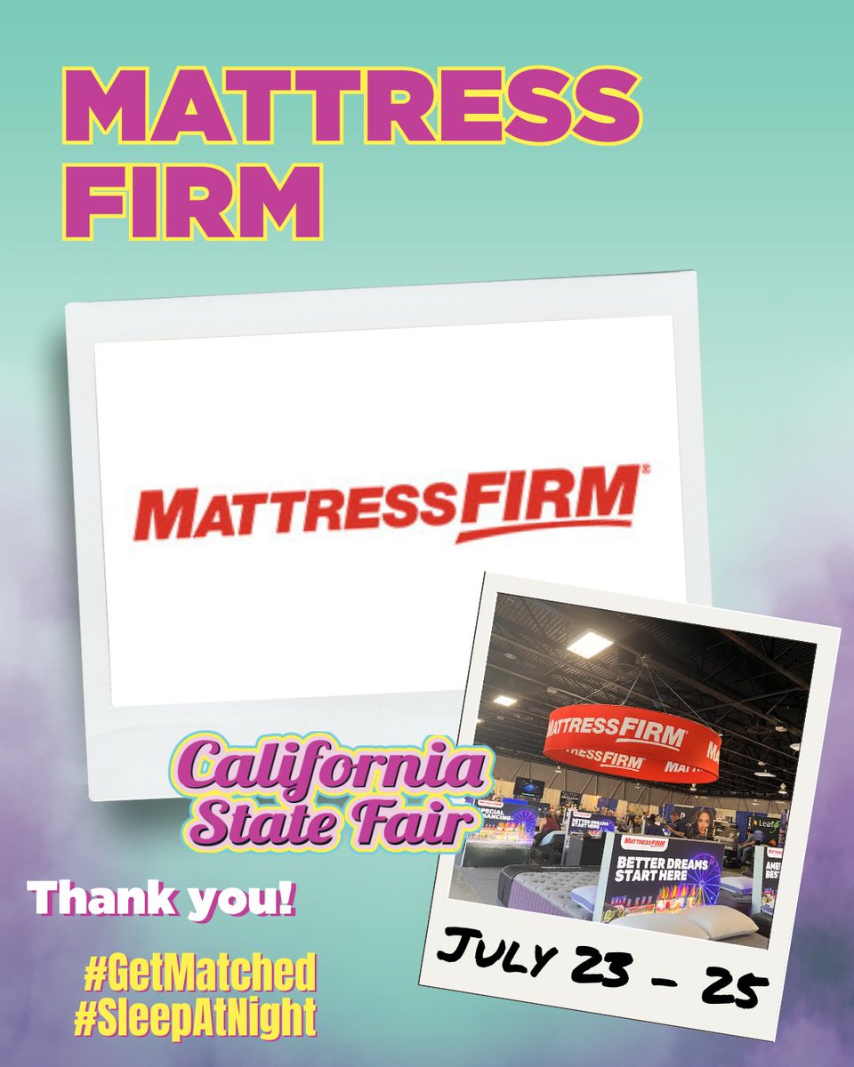 CAStateFair's tweet image. Catch some Zzz’s at the Mattress Firm booth upstairs in Building A at the #CAStateFair! 🛏️ Come test out top-of-the-line comfort and score exclusive Fair deals! #SleepAtNight #GetMatched #2025CSF #2025CASateFair