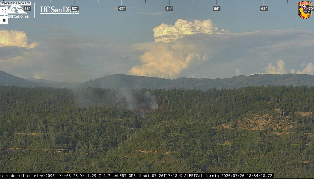 CALFIRE_ButteCo's tweet photo. #CenterFire [final] Firefighters have hose line around the entire perimeter. The fire is holding at 3-4 acres. Crews are still working on cutting containment line. Dramatic change in conditions shown on the @ALERTCalifornia Doe Mill camera from 1 hour ago, 30 minutes ago, now. https://t.co/G75EmzF0yt